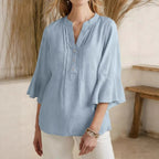 Women's Solid Color V Neck Short Sleeve Linen Blend Shirt