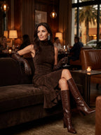 Sleeveless Mock Neck Suede Asymmetric Hem Midi Dress