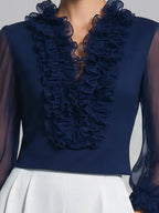 Navy Ruffle Chiffon Sleeve Blouse