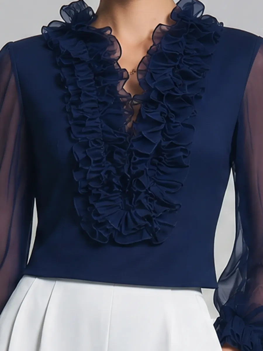 Navy Ruffle Chiffon Sleeve Blouse