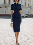 High-Neck Tie Peplum Blouse & High-Waisted Pencil Skirt Two-Piece Suit