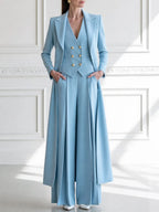 Elegant Long Blazer Vest & Wide-Leg Pants Three-Piece Suit Set