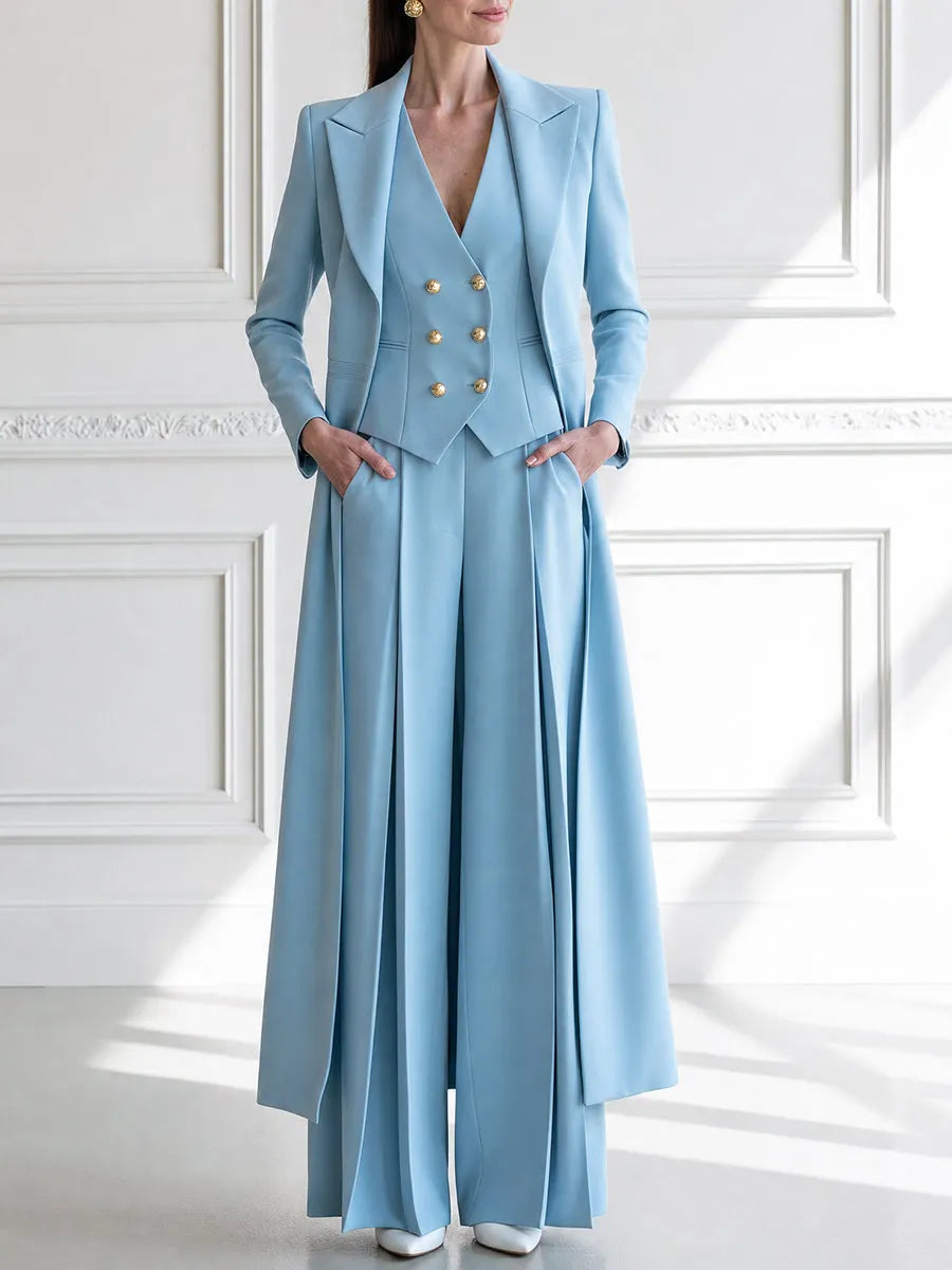 Elegant Long Blazer Vest & Wide-Leg Pants Three-Piece Suit Set