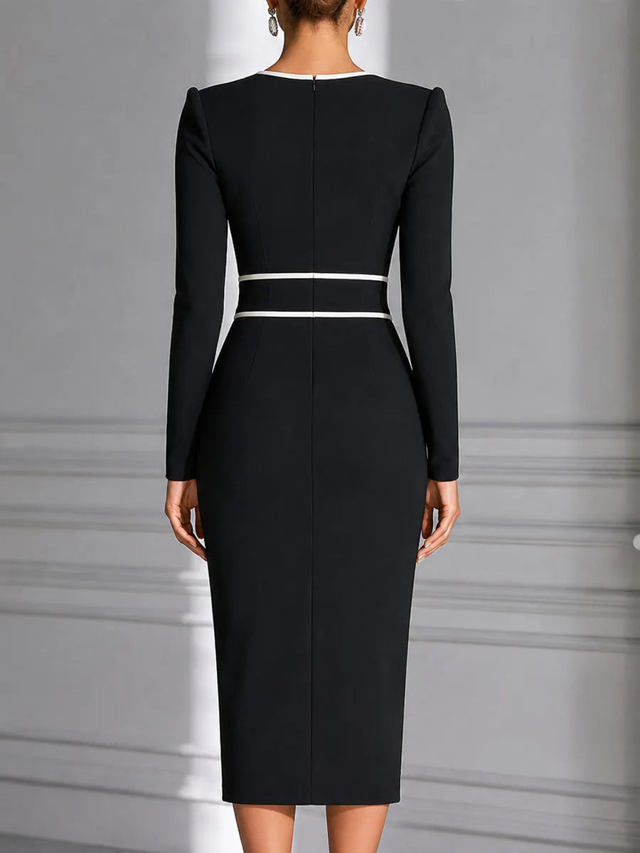 Contrast Trim Wrap Bow Belt Formal Midi Dress