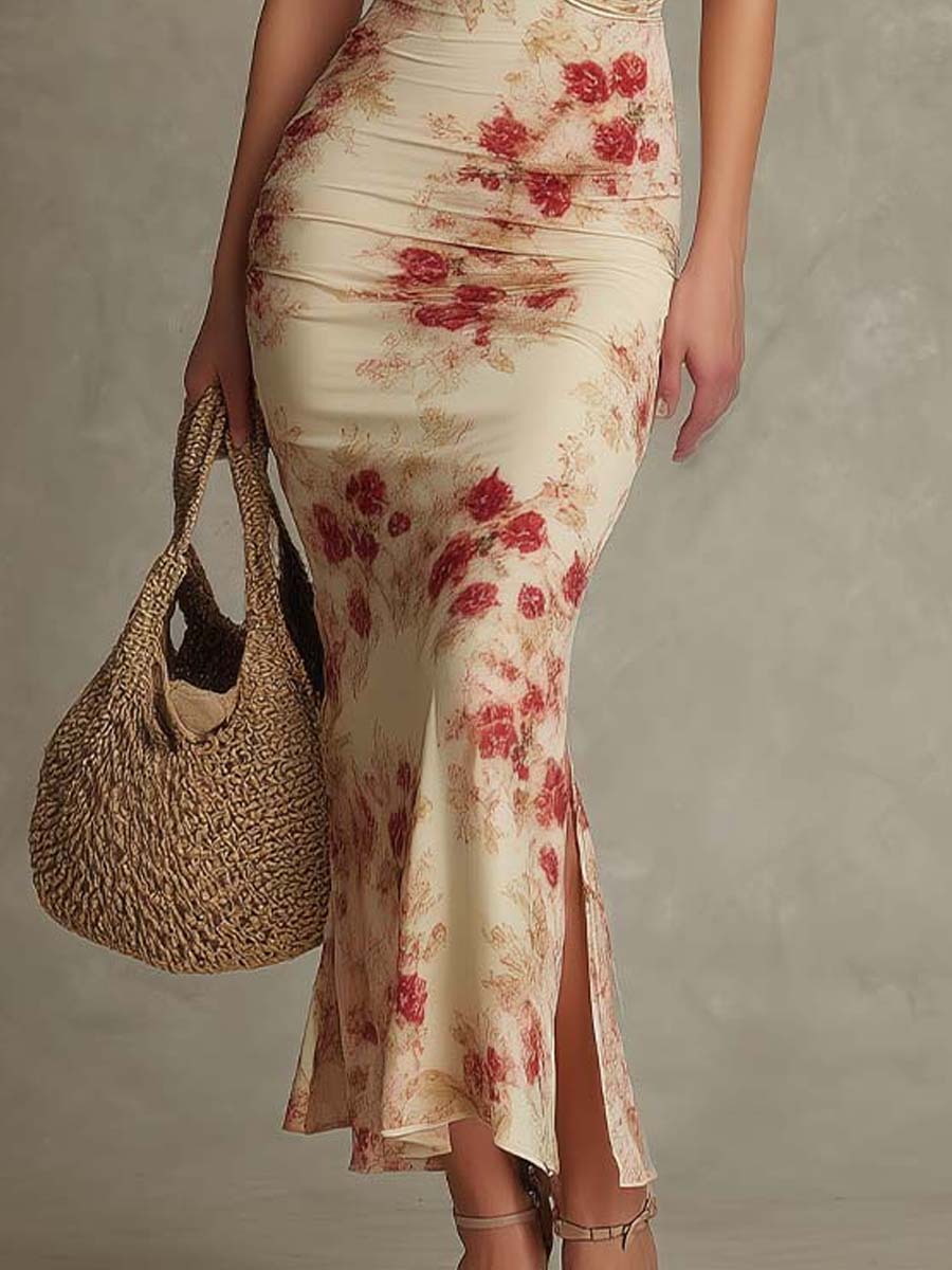 Beige Rose Print Pleated Bodycon Maxi Dress