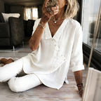 Women's Solid Color Button Design Linen Blend Shirt
