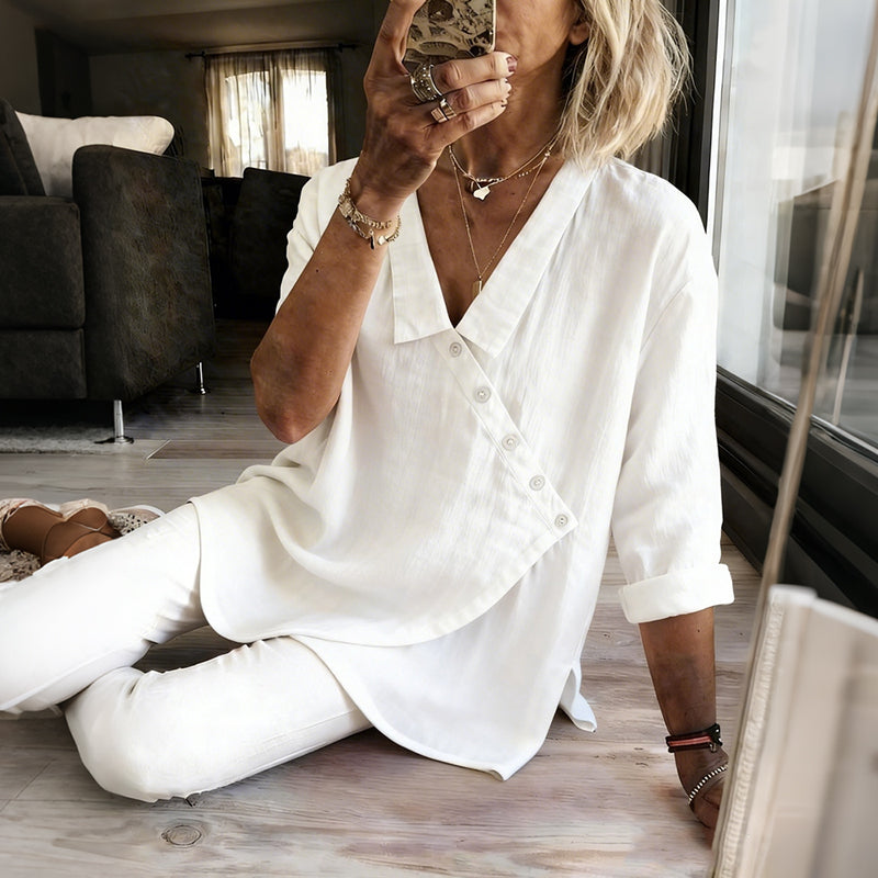 Women's Solid Color Button Design Linen Blend Shirt