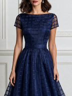 Elegant Checkered Mesh Sheer Sleeve A-Line Midi Dress