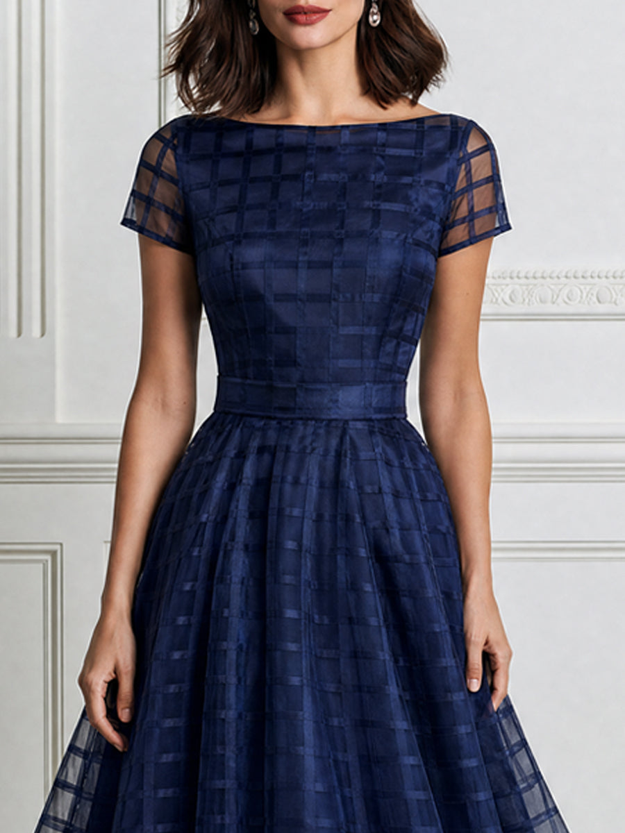 Elegant Checkered Mesh Sheer Sleeve A-Line Midi Dress