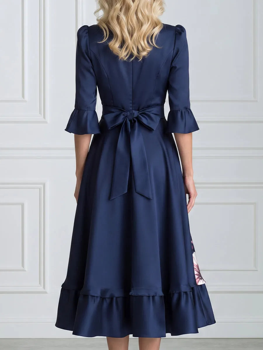 Floral Wrap-Style Ruffle Hem Satin Midi Dress