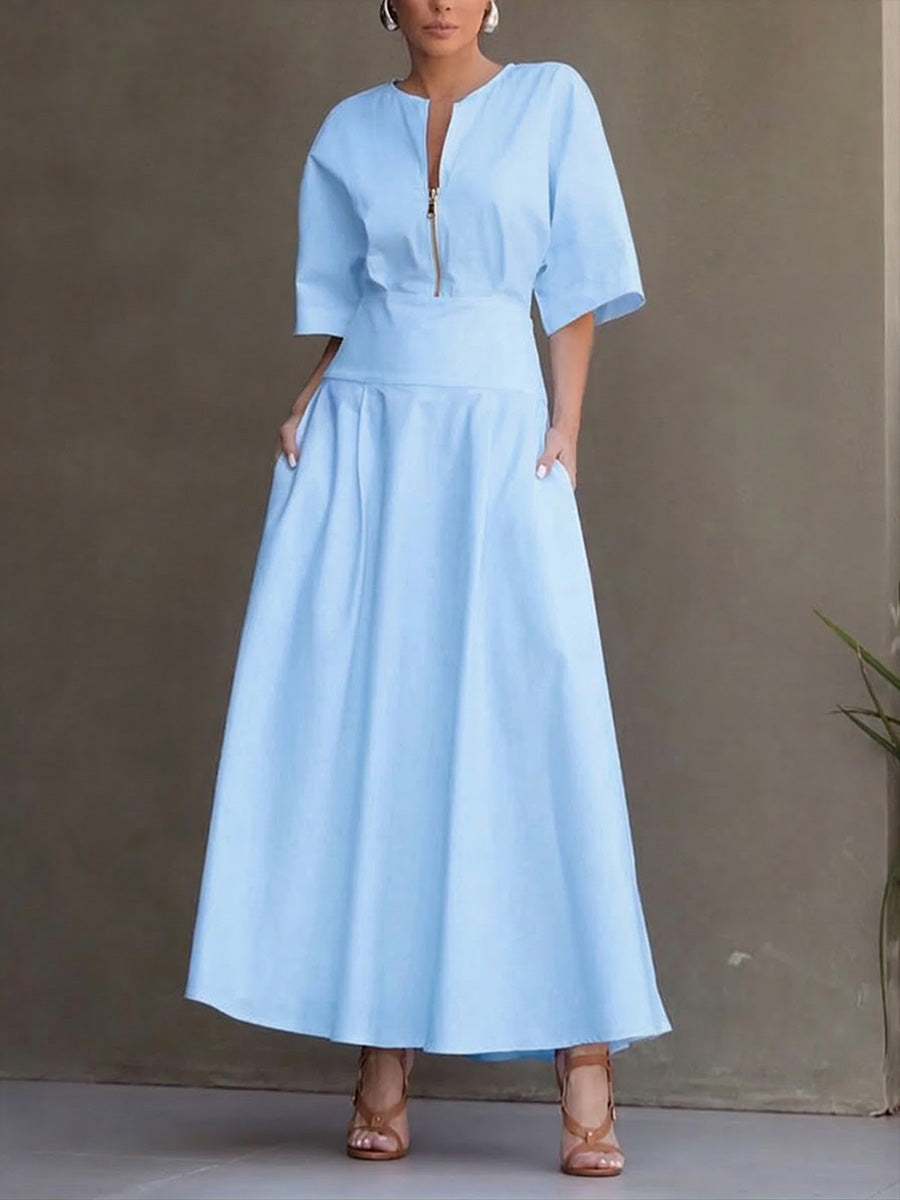 Women's Solid-color Round-neck 3/4-sleeve Casual Loose Cotton-linen Dress
