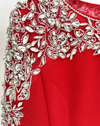 Long Sleeve Crystal Shoulder Midi Dress Red