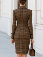 Houndstooth Tweed Midi Dress With Black Velvet Collar Trim For Office & Wedding Guest Occasions