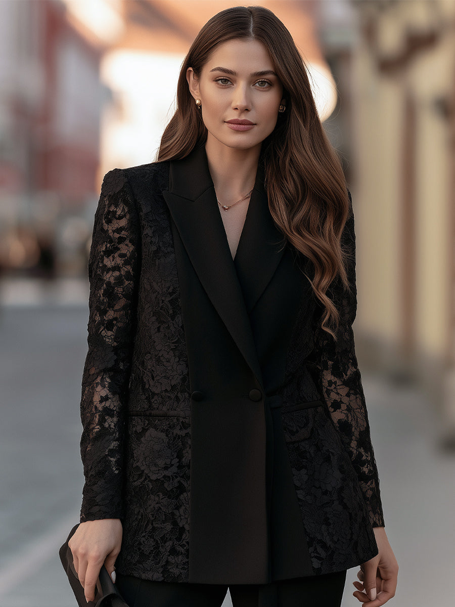 Lace Panel Double-Breasted Blazer