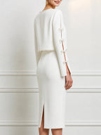 Elegant White Sleeveless Sheath Dress with Pearl-Embellished Bolero Jacket Set