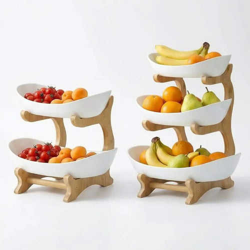 2 Tier Fruit Stand & Snack Storage Tray, Decorative Stand — Plastic Fruit Bowl Set for Kitchens and Dining Rooms — Multi-Tier Fruit, Snack, and Dessert Tray